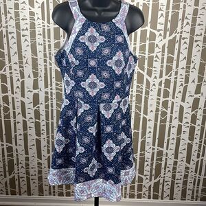 Rewind Textured High Neck Cut Out Fit & Flare Dress Blue Pink sz L